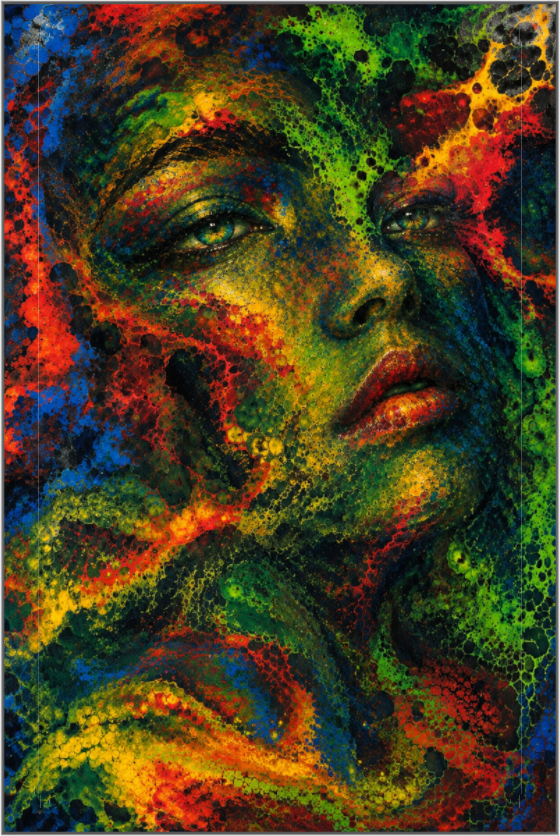 Dark Eden — an abstract expressionist portrait by Alli Cullimore. A face emerges from a swirling mass of deep greens, reds and gold, raw and otherworldly. Limited edition print, Gallery 68.