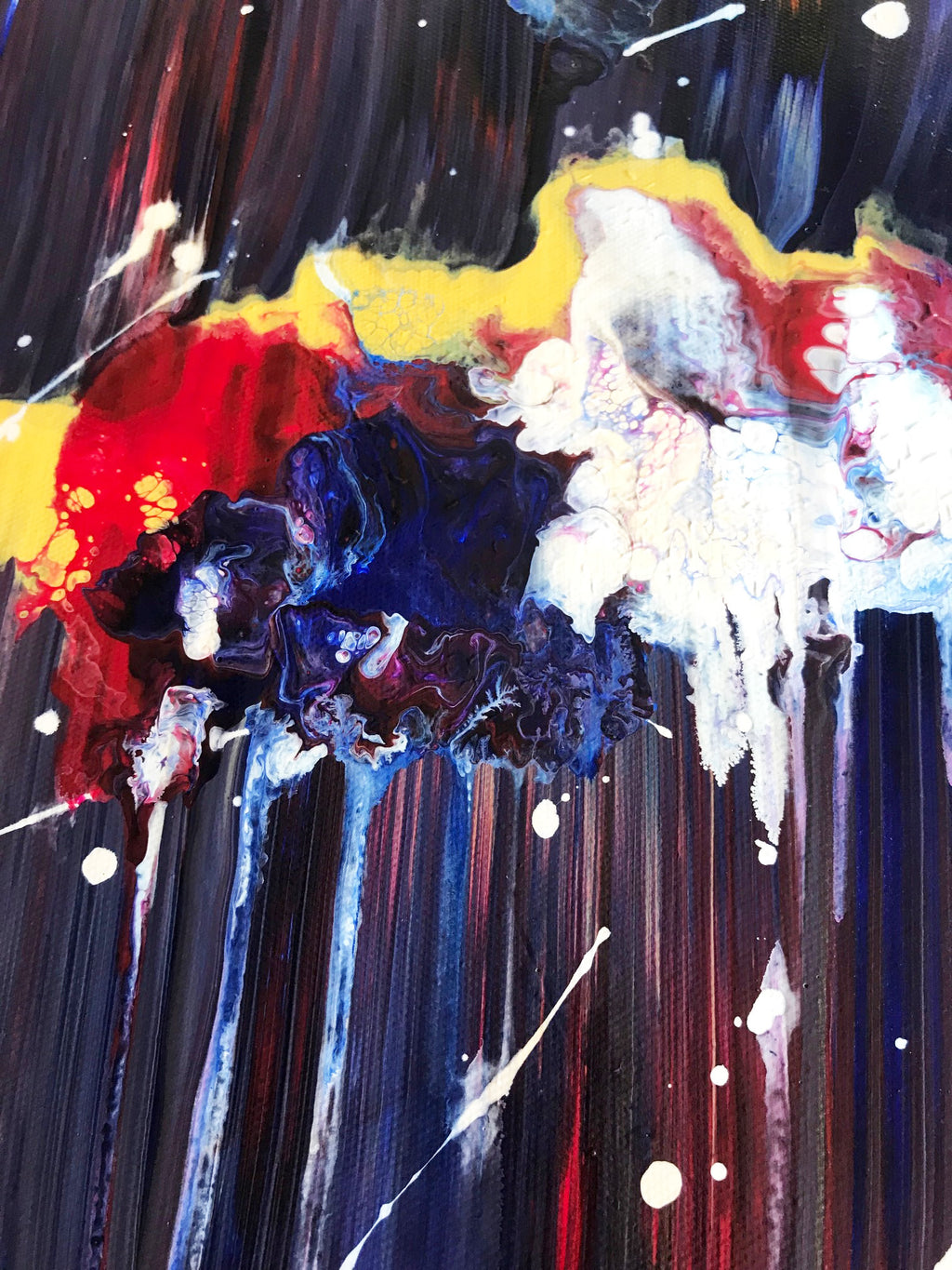 Close-up detail of String Theory by Alli Cullimore — vivid fluid abstract marks in red, yellow, white and blue cascading against a deep dark background with rich textured depth, Gallery 68