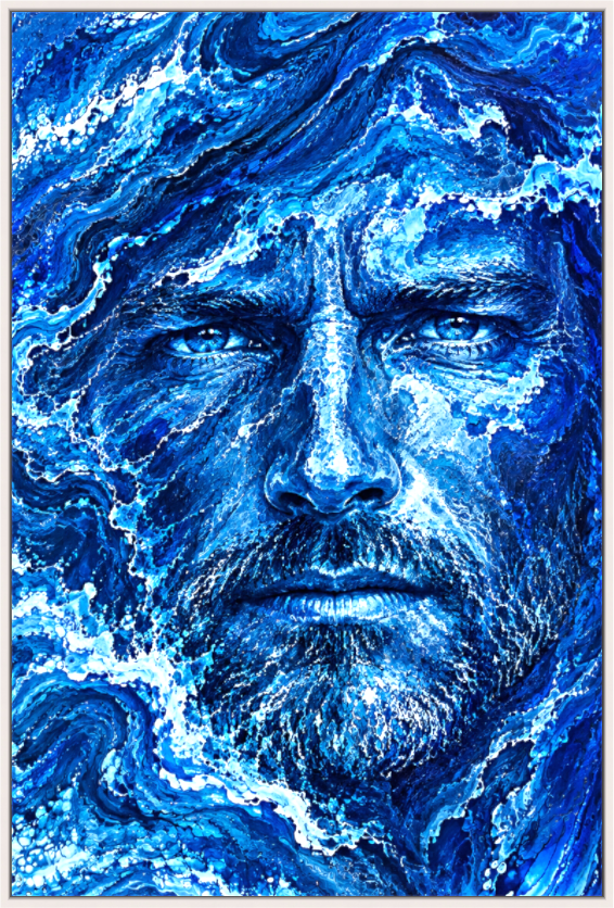 He Runs Deep - swirling blues and white foam from the ocean with a man's face emerging from the waves. Expressionist limited edition print by artist Alli Cullimore.
