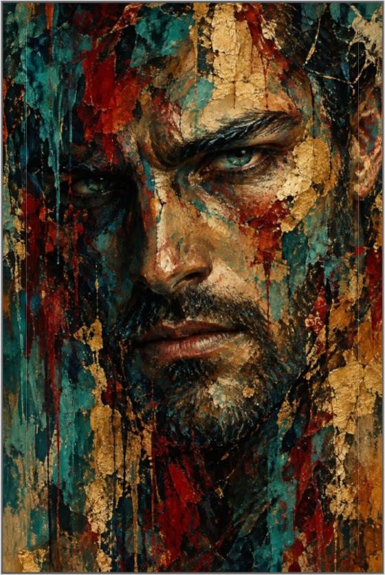 His Fractured Soul – brooding expressionist portrait in deep cobalt, charcoal and gold impasto brushwork, limited edition fine art print by Gallery 68