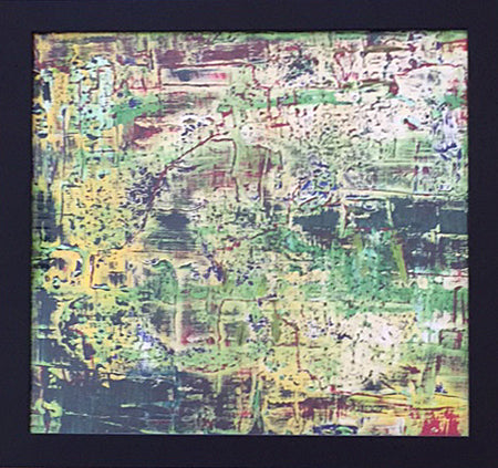 Full view of Amazonian by Alli Cullimore — a square heavily textured abstract painting in deep greens, yellow and hints of red in a quality black wood frame with glass front, 57 x 57cm, Gallery 68