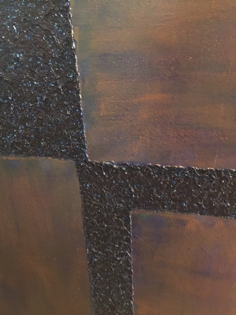 Detail of Blue Copper Wash by Alli Cullimore — heavily textured dark blue section meeting a warm copper wash ground, with raised impasto marks, Gallery 68
