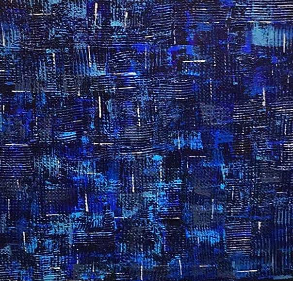 Close-up texture detail of Denim original abstract painting by Alli Cullimore — richly layered acrylic in deep navy, cobalt and electric blue with white scored lines evoking denim fabric