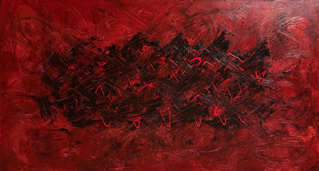 Detail of Fire by Alli Cullimore — richly textured red and black abstract brushwork with expressive layered marks on canvas, Gallery 68