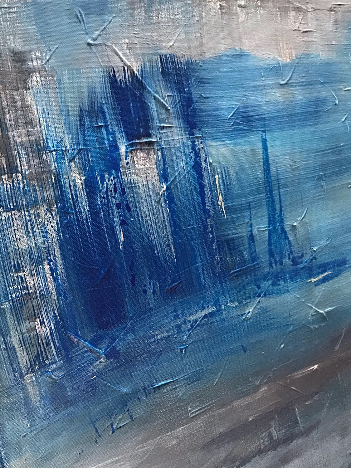 Close-up texture detail of Stormy Seas original abstract painting by Alli Cullimore — expressive layered acrylic in deep navy and teal with scored white lines suggesting masts and rain
