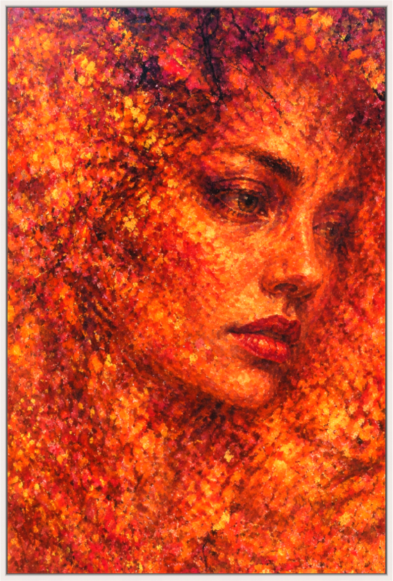 She Moves Into the Darkness — limited edition expressionist print of a female figure dissolving into a swirling mass of fiery orange and deep crimson tones, by Alli Cullimore | Gallery 68