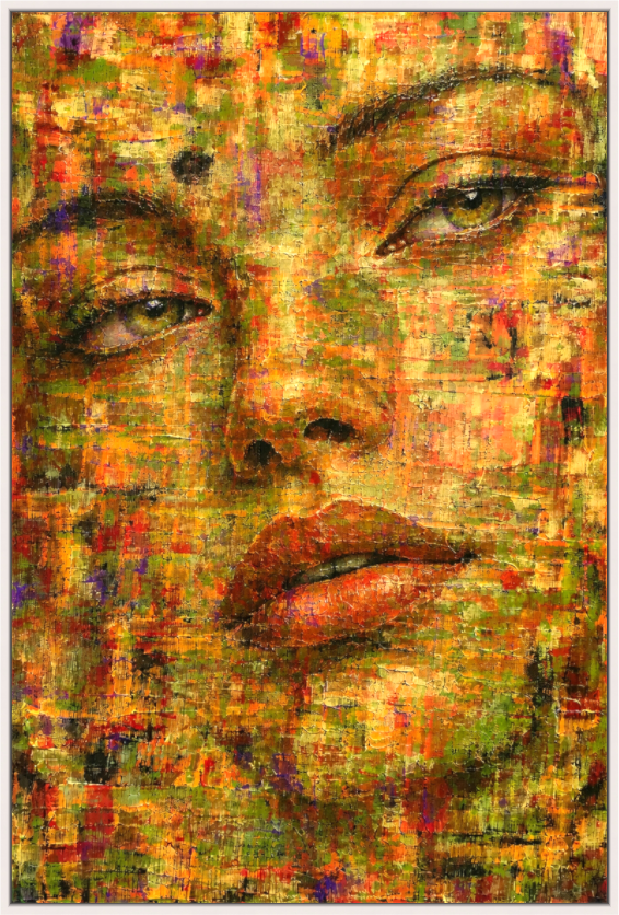 Her Golden Gaze — an abstract portrait by Alli Cullimore. A woman's face fills the canvas in luminous gold, amber and sage tones with piercing green-gold eyes. Limited edition print, Gallery 68