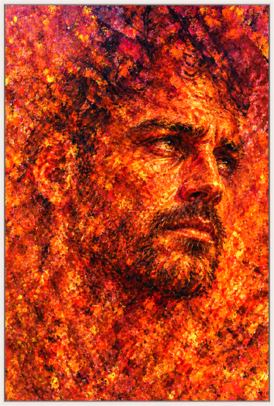 He Moves Into the Darkness — limited edition expressionist print of a bearded male figure emerging from a swirling mass of fiery orange and deep crimson tones, by Alli Cullimore | Gallery 68"