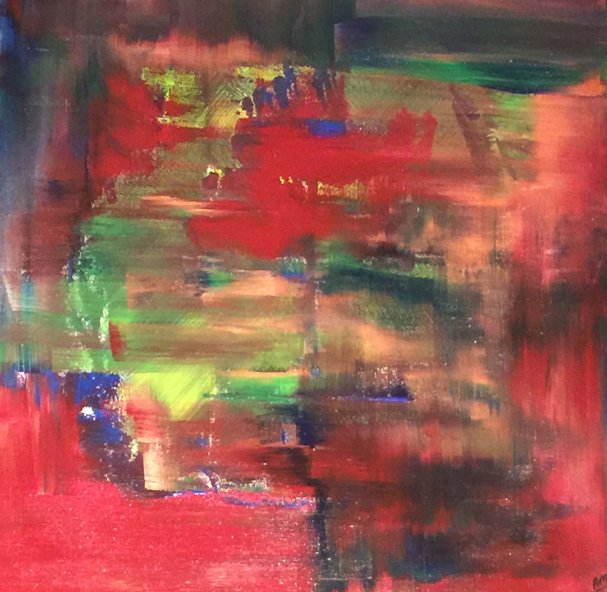 Full view of Abstractive by Alli Cullimore — a vivid square abstract painting in expressive layers of red, green, yellow, blue and dark tones on canvas, 41 x 41cm, Gallery 68