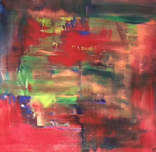 Full view of Abstractive by Alli Cullimore — a vivid square abstract painting in expressive layers of red, green, yellow, blue and dark tones on canvas, 41 x 41cm, Gallery 68