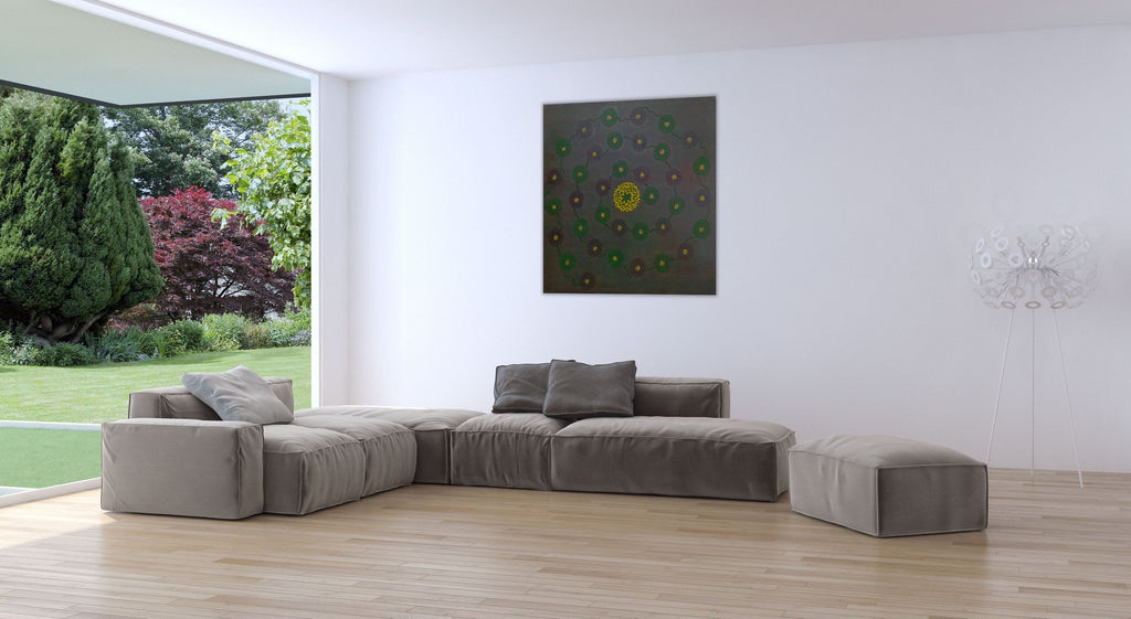 Daisy Chain by Alli Cullimore displayed in a bright contemporary lounge with garden views — a large square abstract painting in greens and yellows with a spiralling daisy pattern, Gallery 68"