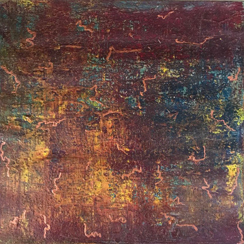 Close-up detail of Earth Below original abstract painting by Alli Cullimore — textured acrylic in deep burgundy, teal, gold and copper, evoking the hidden world beneath the earth