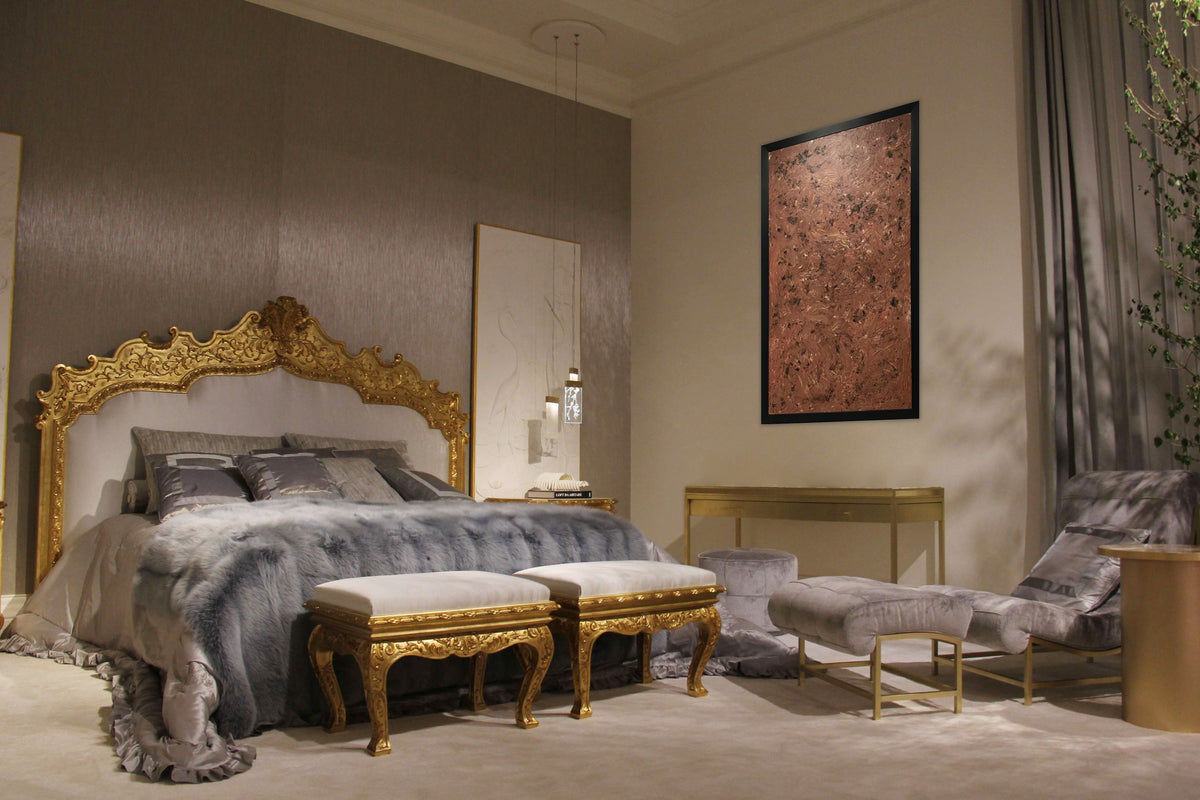 Chaos original abstract painting by Alli Cullimore displayed in a luxury bedroom — 100×161cm acrylic on canvas on board in warm browns and black, in a quality black wooden frame