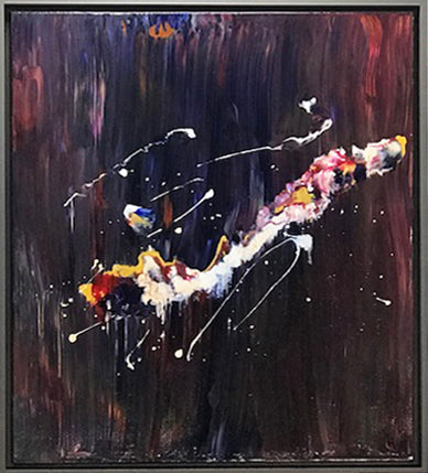 Full view of String Theory by Alli Cullimore — a dark dramatic abstract painting on canvas with fluid white string-like lines and bursts of red, yellow and blue against a deep black and purple background, in a floating frame, 76 x 91cm, Gallery 68