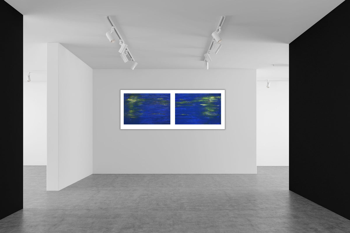 Pond Life original abstract diptych by Alli Cullimore — two framed canvases displayed side by side on a gallery wall, 80.5×55cm each, in swirling blues, greens and a hint of red