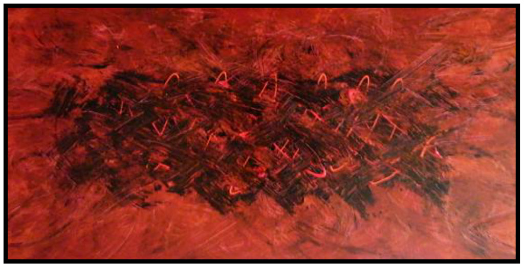 Fire by Alli Cullimore — full view of the original abstract painting in a black floating frame, vibrant reds and black on canvas, 102 x 51cm, Gallery 68