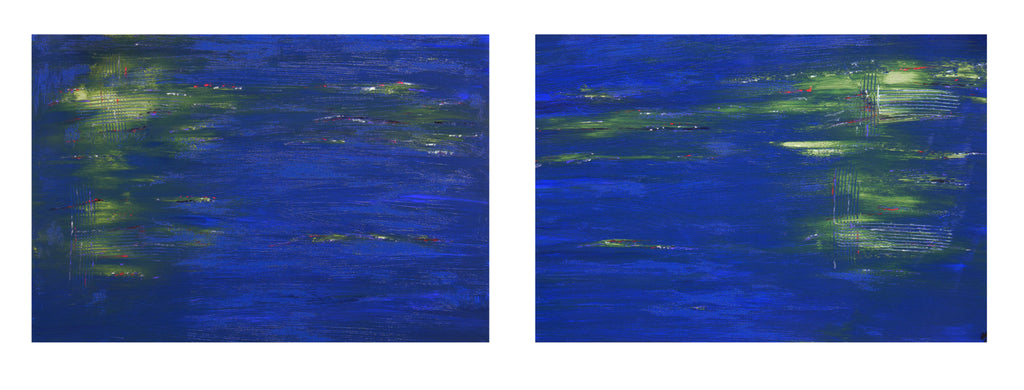 Pond Life Set of 2 original abstract paintings by Alli Cullimore hung together on a wall — professionally framed in black, acrylic on canvas in blues, greens and a hint of red