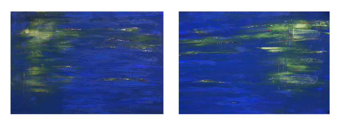 Pond Life Set of 2 original abstract paintings by Alli Cullimore hung together on a wall — professionally framed in black, acrylic on canvas in blues, greens and a hint of red