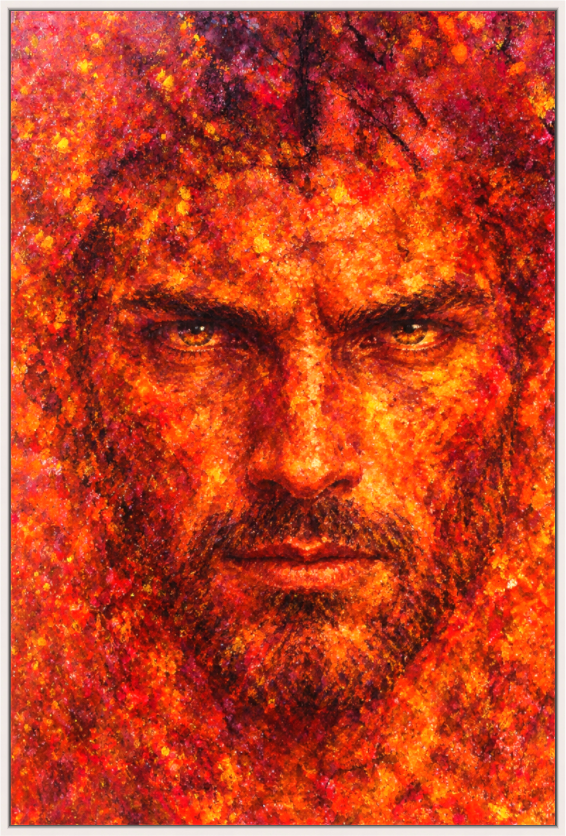 He's Out of Darkness — limited edition expressionist print of a bearded male figure with intense amber eyes emerging boldly from a swirling mass of fiery orange and crimson tones, by Alli Cullimore | Gallery 68