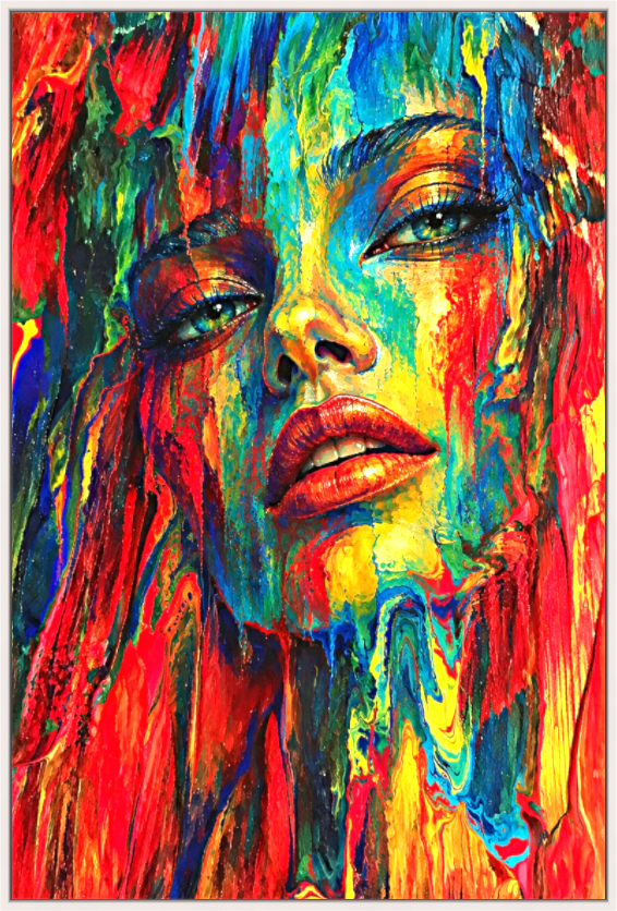 Her Fluidity — close-up fine art portrait of a woman's face dissolving into cascading streams of electric blue, red, yellow and green paint, by Gallery 68