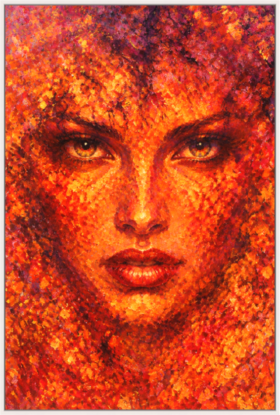 She's Out of Darkness — limited edition expressionist print of a female figure with intense amber eyes gazing forward, emerging boldly from a swirling mass of fiery orange and crimson tones, by Alli Cullimore | Gallery 68