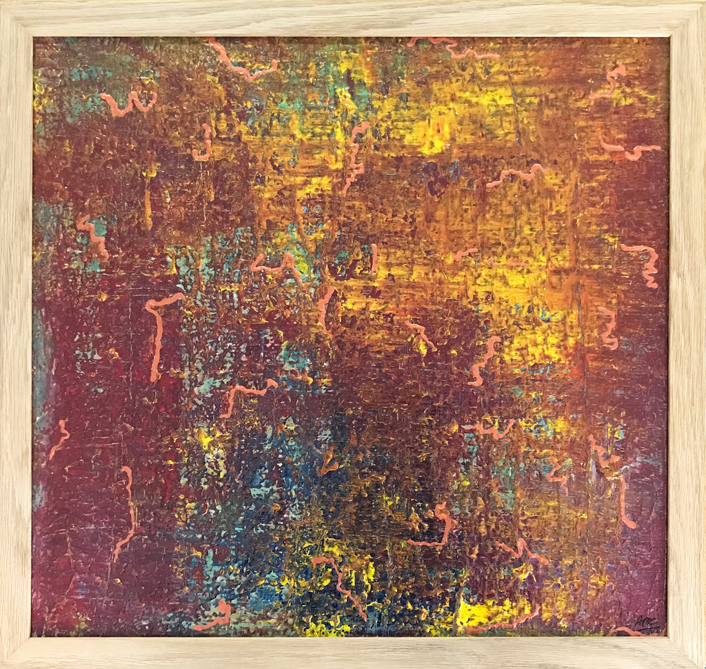 Earth Below original abstract painting by Alli Cullimore in a natural wood frame — 54.5×54.5cm acrylic on canvas in deep reds, gold, teal and copper tones evoking underground life