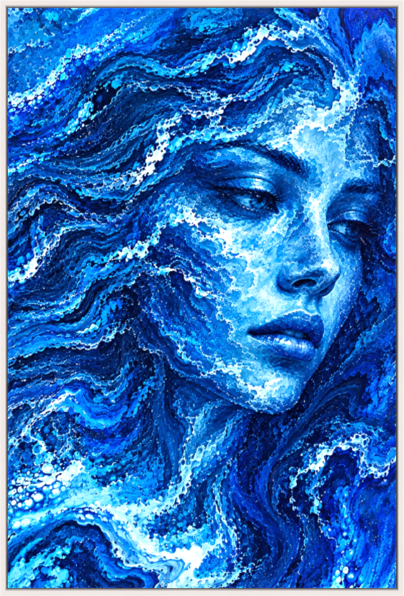 She Runs Deep — limited edition expressionist print of a female figure dissolving into swirling cobalt and midnight blue ocean waves, hair merging with the current, by Alli Cullimore | Gallery 68