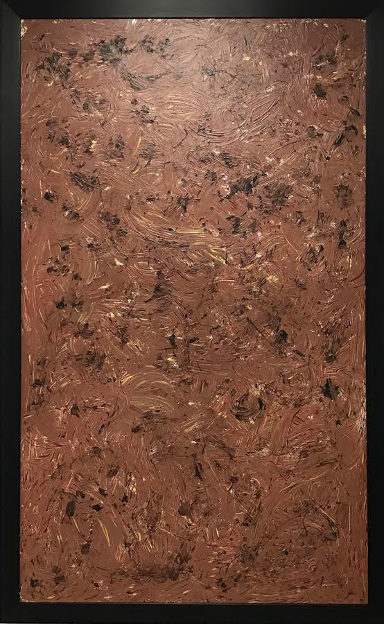 Chaos original abstract painting by Alli Cullimore — 100×161cm large-scale acrylic on canvas on board with swirling textured browns and black, in a quality black wooden frame"