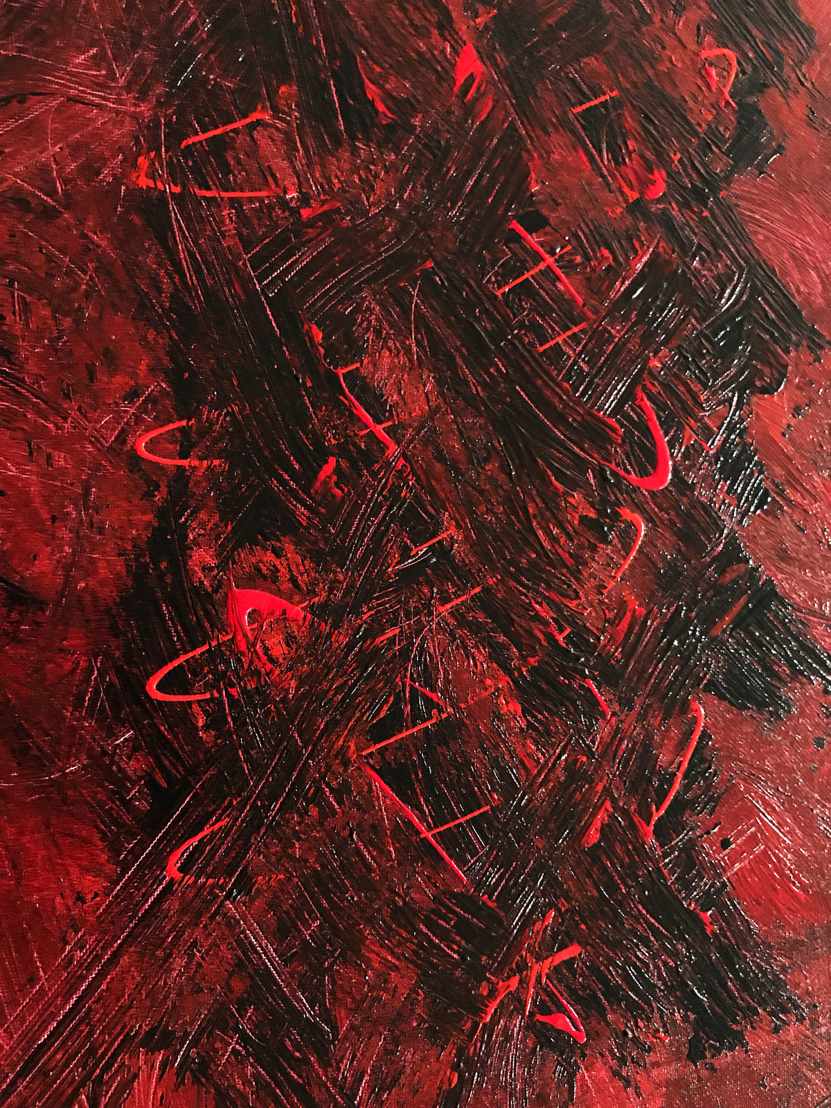 Close-up detail of Fire — a textured abstract painting by Alli Cullimore with dramatic deep red and black layered brushwork, Gallery 68