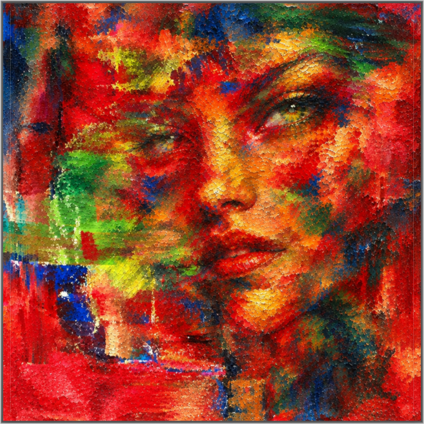 Layers of Me — a bold abstract expressionist portrait by Alli Cullimore. A woman's face emerges from vivid layers of red, green, gold and blue paint, conveying depth, identity and raw emotion. Limited edition print, Gallery 68.