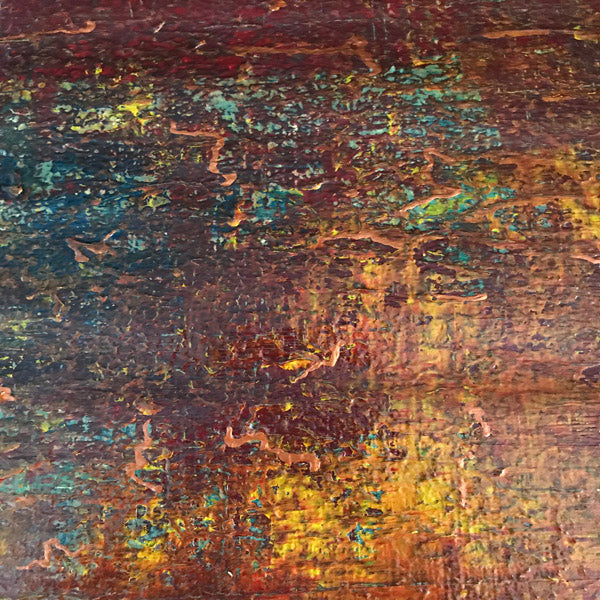 Texture detail of Earth Below original abstract painting by Alli Cullimore — rich layered acrylic in earthy reds, teal, yellow and copper with worm-like copper line details