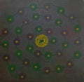 Close-up detail of Daisy Chain by Alli Cullimore — a square abstract canvas with a circular daisy-chain pattern in greens and yellow radiating from a luminous centre, Gallery 68