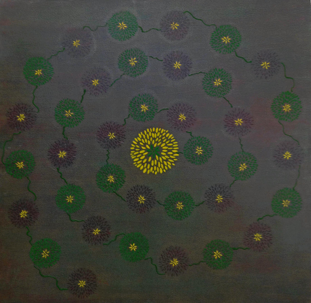Close-up detail of Daisy Chain by Alli Cullimore — a square abstract canvas with a circular daisy-chain pattern in greens and yellow radiating from a luminous centre, Gallery 68