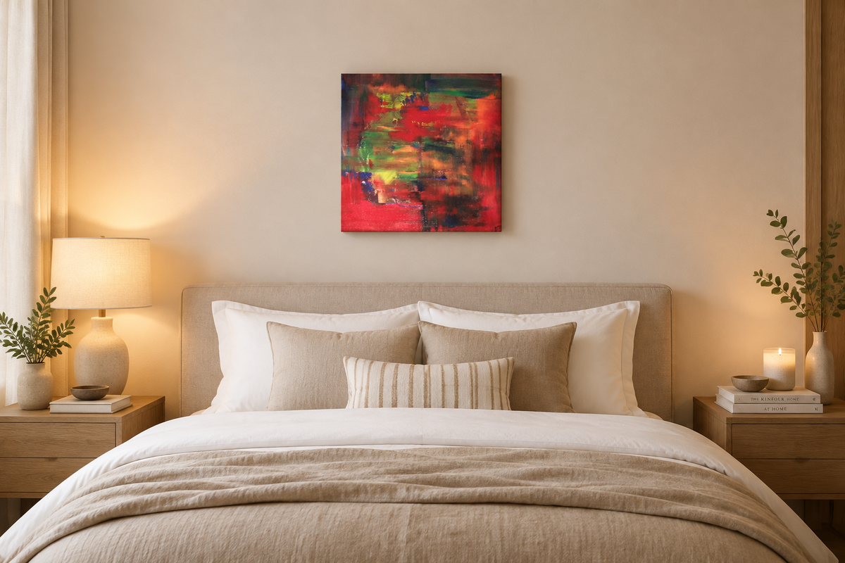 Abstractive by Alli Cullimore displayed in a stylish contemporary bedroom — a small square colourful abstract painting as a bold statement piece on a neutral wall, Gallery 68