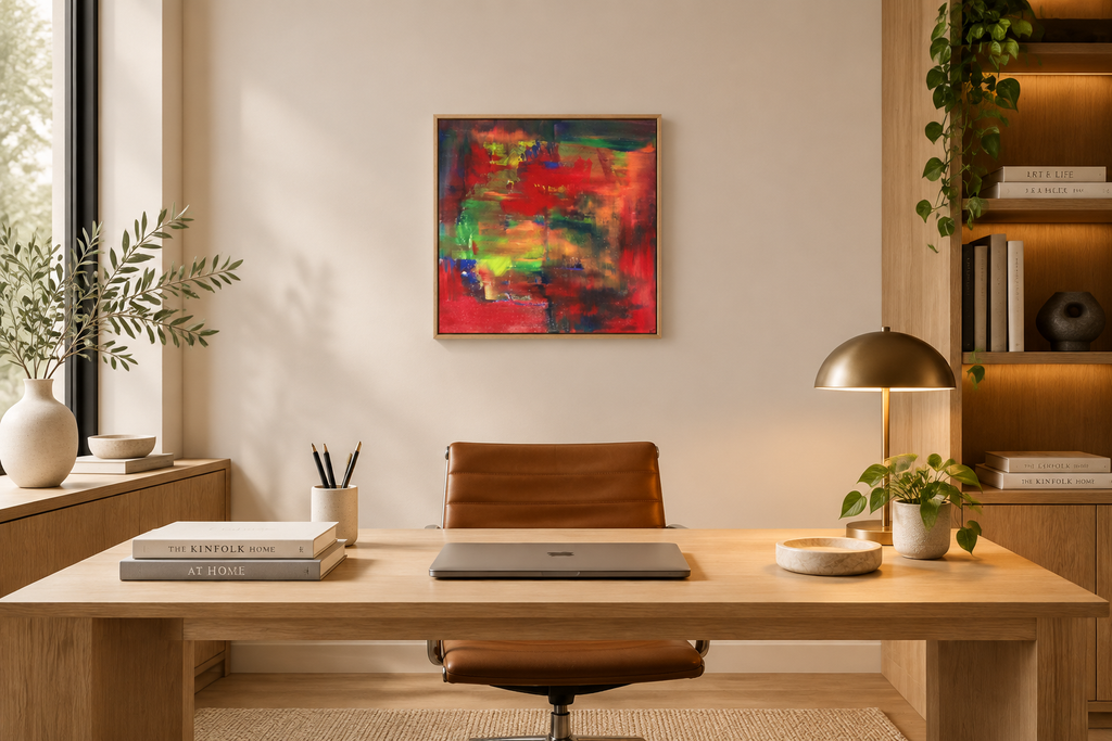 Abstractive by Alli Cullimore displayed in a stylish contemporary office setting — a small square colourful abstract painting as a bold statement piece on a neutral wall, Gallery 68