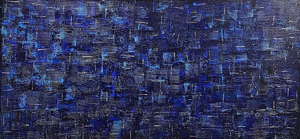 Denim original abstract painting by Alli Cullimore — 152.5×76cm acrylic on canvas with textured lines and squares in deep indigo, navy and midnight blue with white highlights