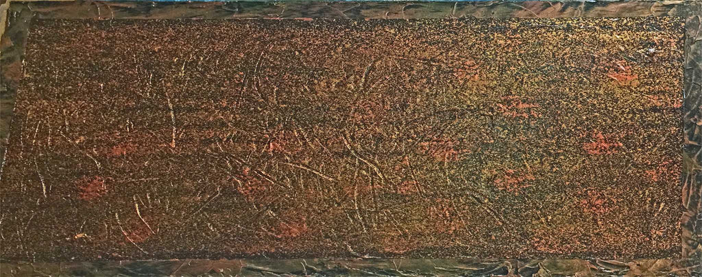 Close-up detail of Brushed Copper — a textured mixed media artwork on canvas with layered chocolate, gold and burnished copper tones by Alli Cullimore, Gallery 68