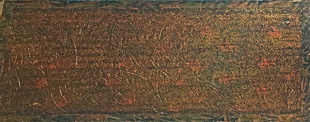 Close-up detail of Brushed Copper — a textured mixed media artwork on canvas with layered chocolate, gold and burnished copper tones by Alli Cullimore, Gallery 68