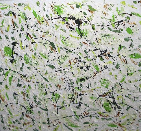 Green Pastures original abstract painting by Alli Cullimore — 41×41cm acrylic on stretched canvas with energetic splattered greens, black and earth tones on a white textured base