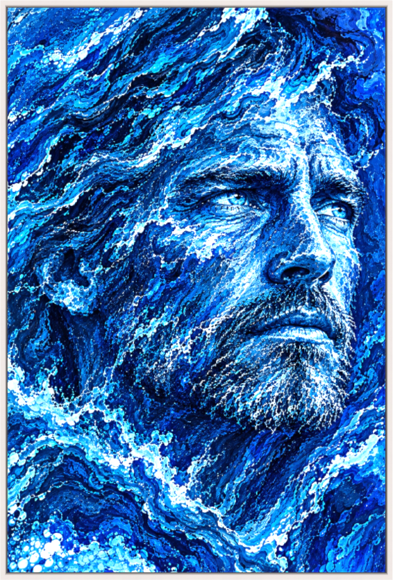Deepwater - Him is a deeply symbolic artwork of a mans face transcending out of the blue and white waves of the ocean. By artist Alli Cullimore from Gallery 68.