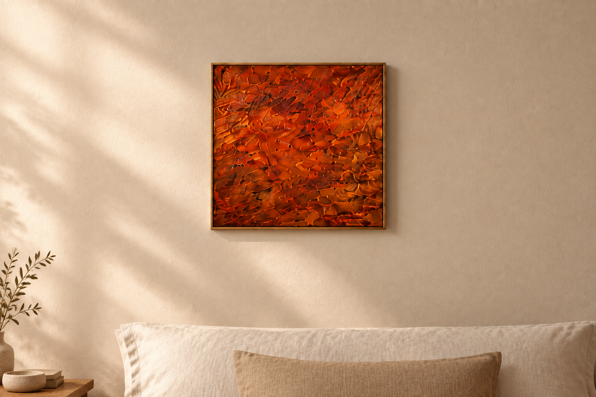 Brown Ripples original abstract painting by Alli Cullimore hanging on a bedroom wall — 41×41cm acrylic on canvas in earthy browns and black