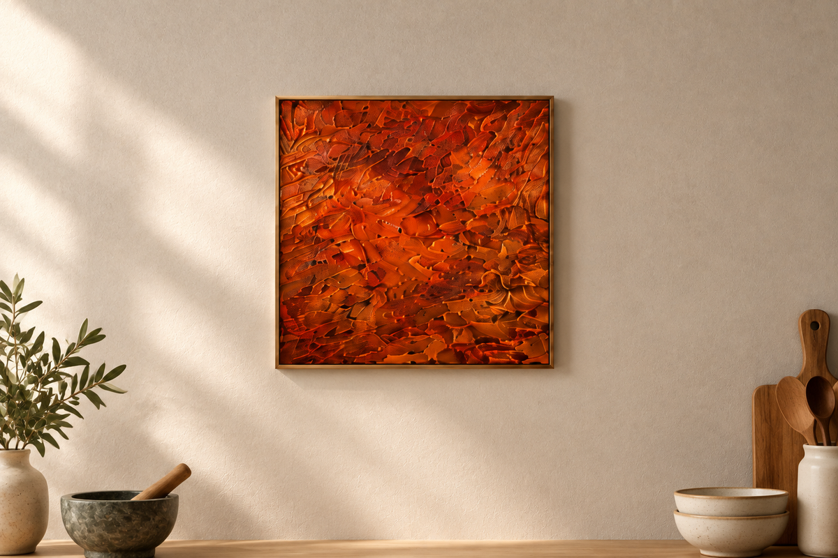 Brown Ripples original abstract painting by Alli Cullimore displayed on a kitchen wall — 41×41cm acrylic on canvas in earthy browns and black