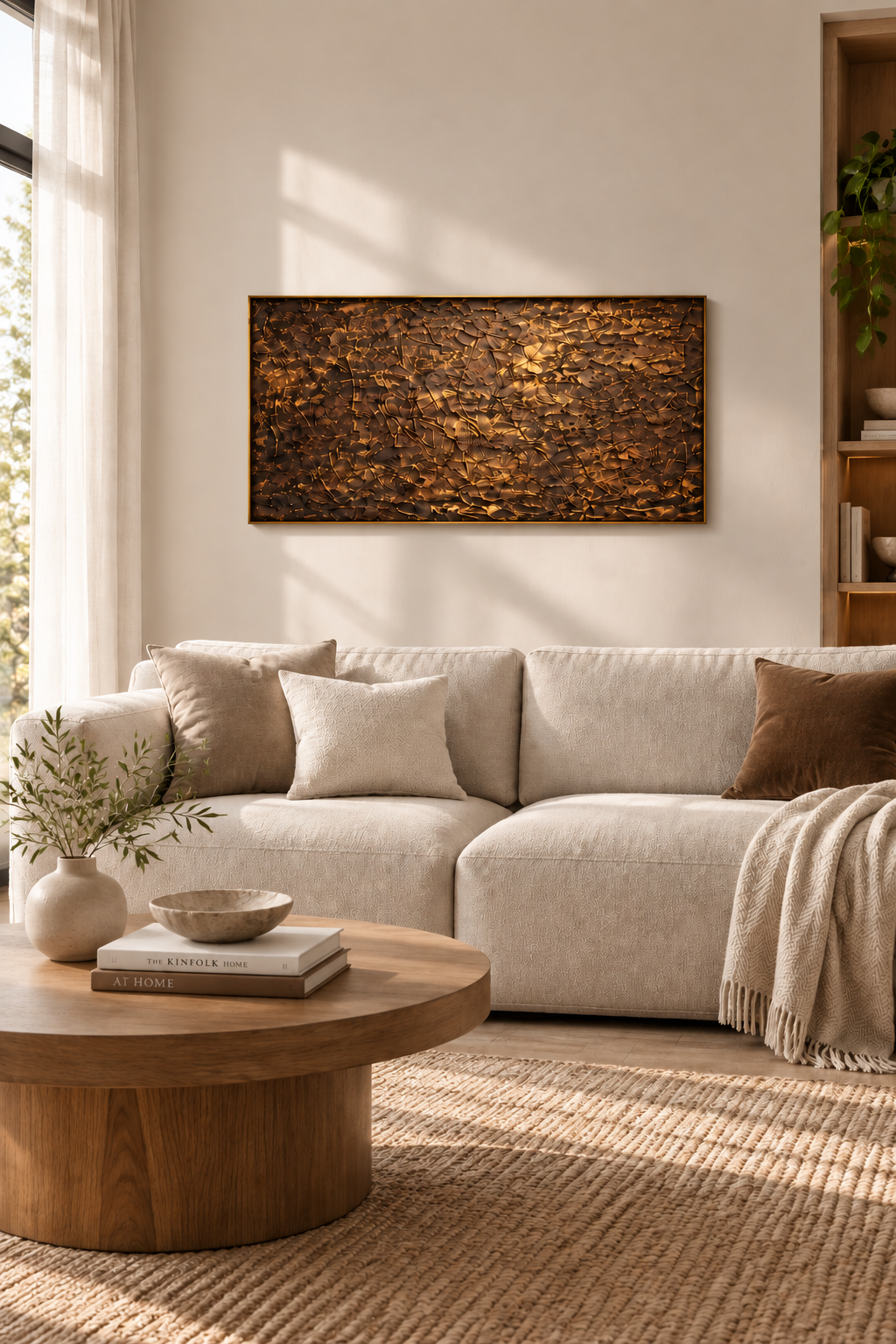 Brushed Copper by Alli Cullimore displayed in a contemporary lounge setting — a wide landscape textured abstract painting in deep chocolate, bronze and antique gold tones, Gallery 68