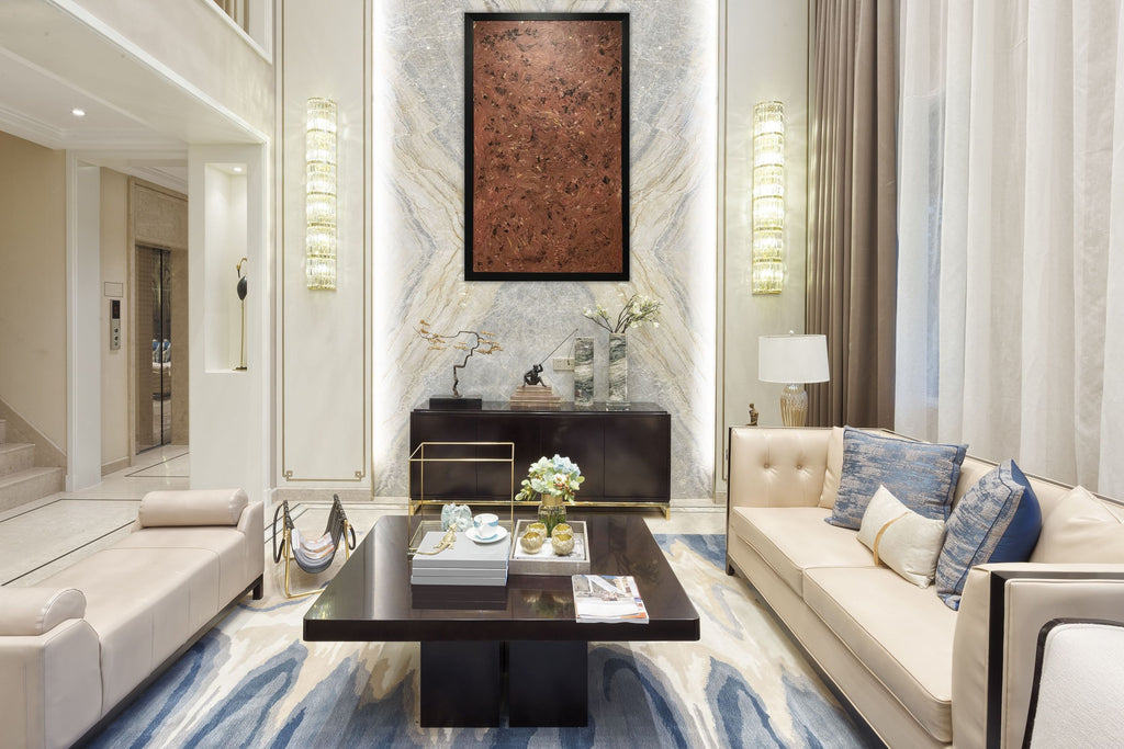Chaos original abstract painting by Alli Cullimore displayed in a grand lounge above a sideboard — 100×161cm acrylic on canvas on board in warm browns and black, black framed
