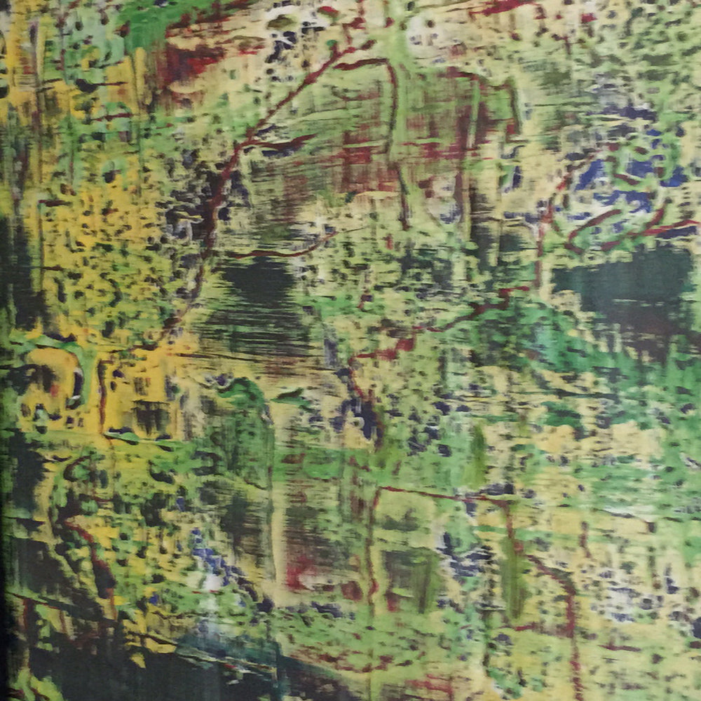 Close-up detail of Amazonian by Alli Cullimore — richly textured abstract surface in dense greens, yellow, blue and red tones suggesting lush jungle foliage, Gallery 68