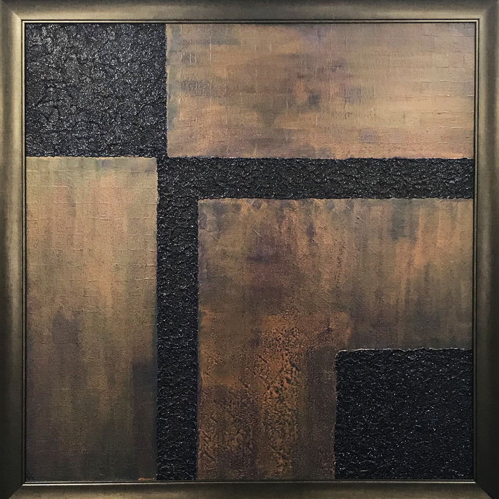 Full view of Blue Copper Wash by Alli Cullimore — a square framed abstract painting with geometric dark blue textured sections over a warm copper wash, in a dark bronze frame, 101 x 101cm, Gallery 68