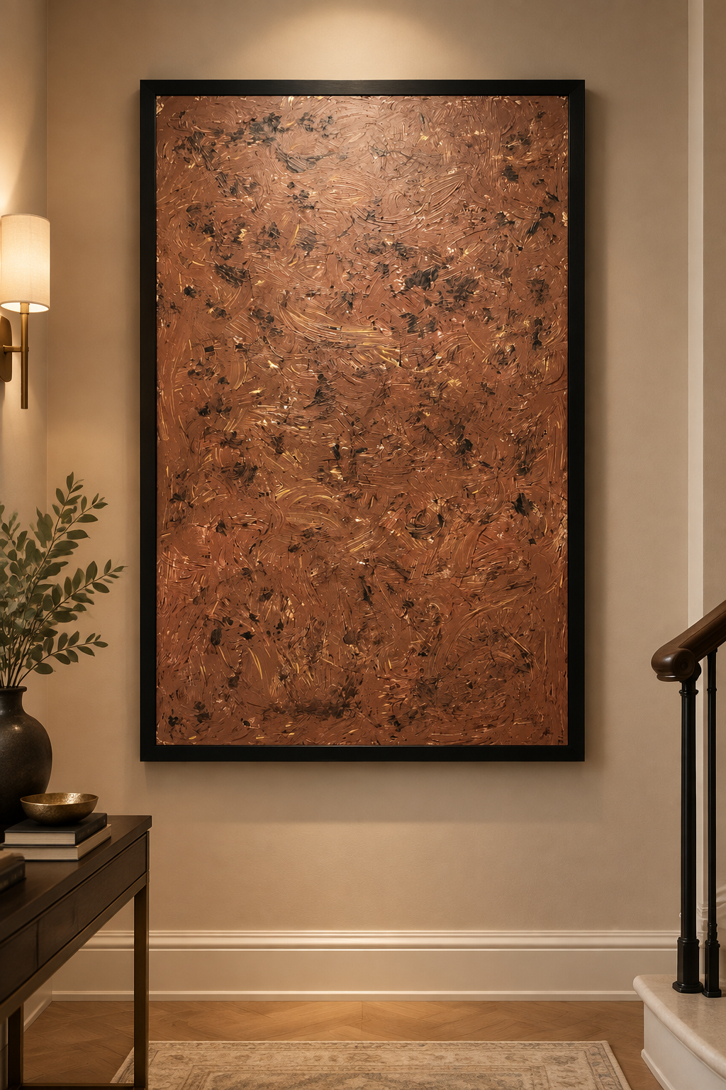 Chaos original abstract painting by Alli Cullimore displayed in a grand hallway — 100×161cm acrylic on canvas on board with swirling textured browns and black, in a quality black wooden frame