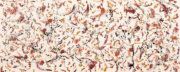 Scattered Mind — close-up of original abstract painting featuring a richly textured cream base with splashes and flecks of burnt orange, red, brown and black, by Alli Cullimore