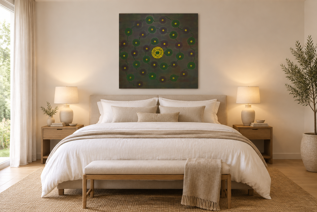 Daisy Chain by Alli Cullimore displayed above a bed in an elegant neutral bedroom — a large square abstract painting in greens and yellows, Gallery 68