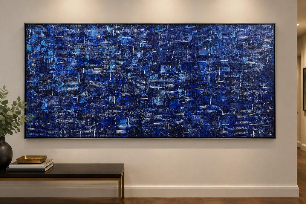 Denim original abstract painting by Alli Cullimore displayed in a hallway — 152.5×76cm acrylic on canvas with richly textured lines and squares in deep indigo, navy and cobalt blue with white highlights